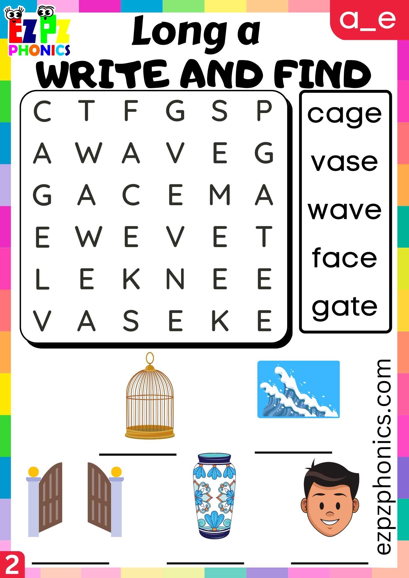 Group2 A_E Words Write And Find Long A Phonics Worksheet